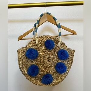 Blue Pompon Straw Purse